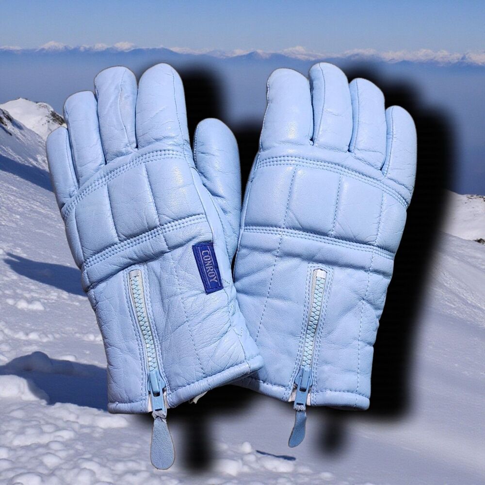 Vintage 1970s Conroy Ladies Leather Ski Gloves Blue Zip Cuff Made in Japan M